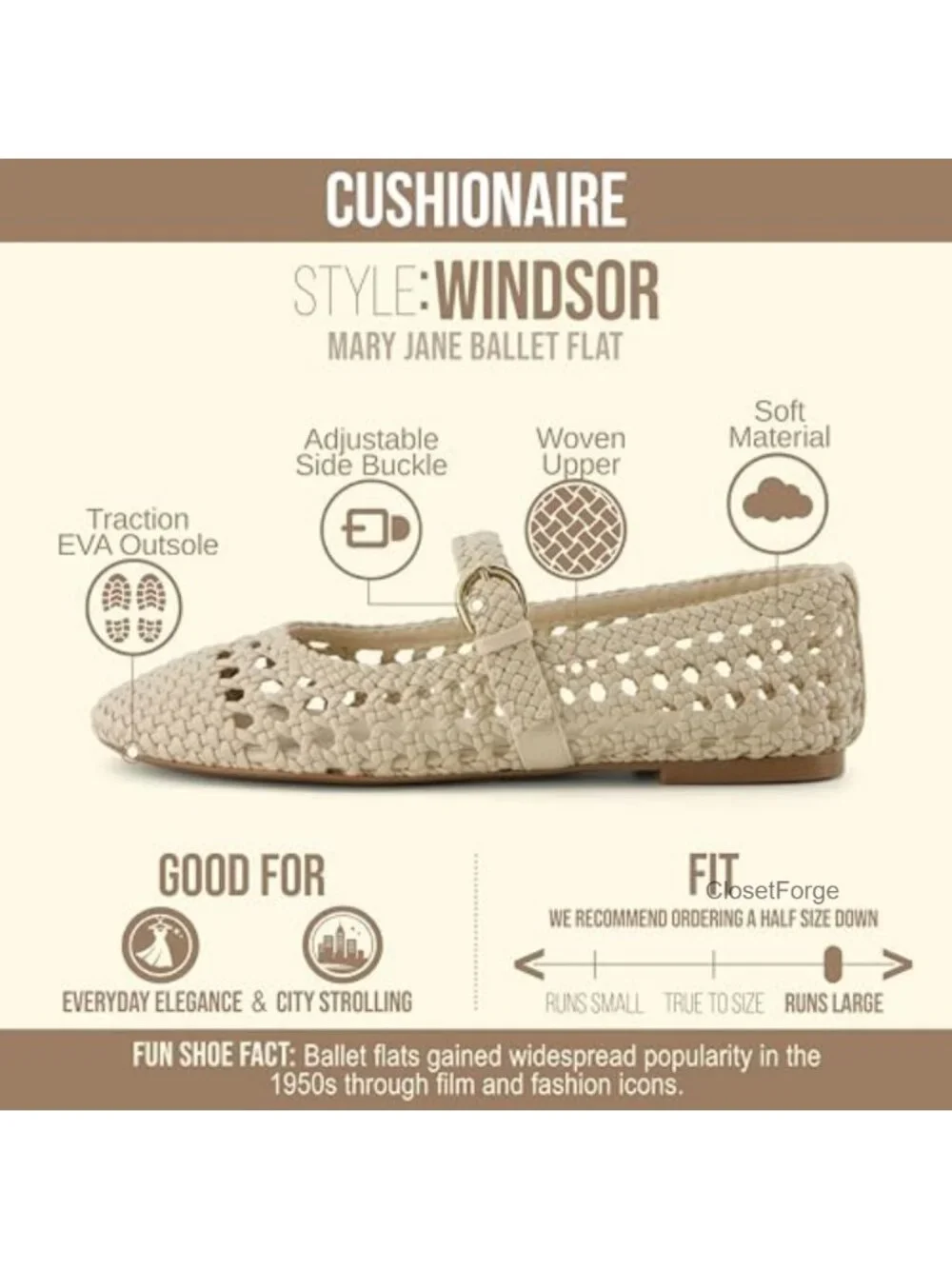 CUSHIONAIRE Womens Woven Ballet Flats with Adjustable Strap
